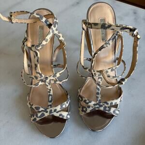 GUESS Leopard Ankle Sandals 4" High Heed Stilettos Size 7.5 silver tan